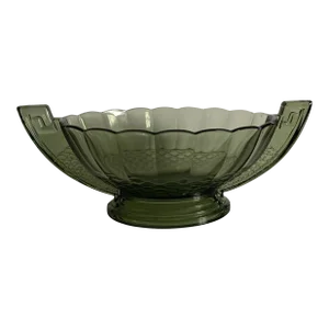 Vintage Val Saint Lambert Green Glass Grecian Style Handled Fruit Bowl, Circa 1940