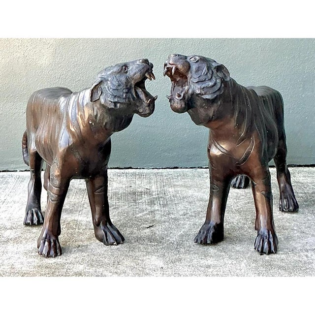 Metal Vintage Bronze Tiger Sculptures - A Pair For Sale - Image 7 of 12