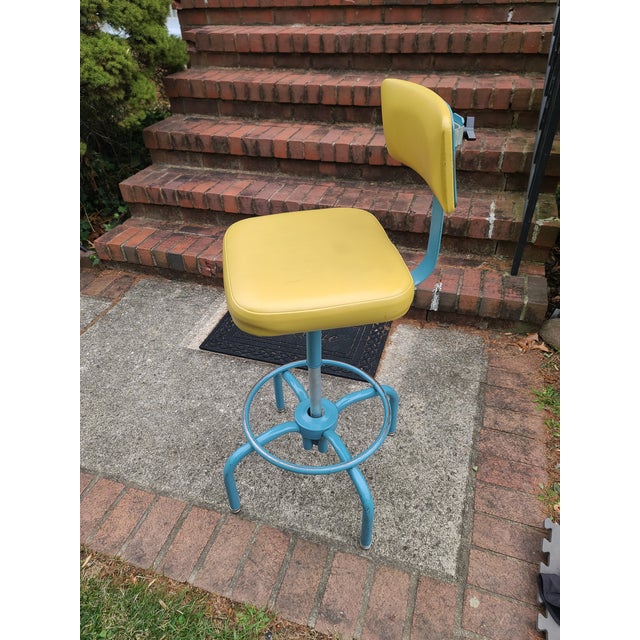 1960s Vintage Adjusto Equipment Company Drafting Chair Stool Vinyl Cushion Back Rest Swivel Adjustable With Foot Ring For Sale In Baltimore - Image 6 of 12