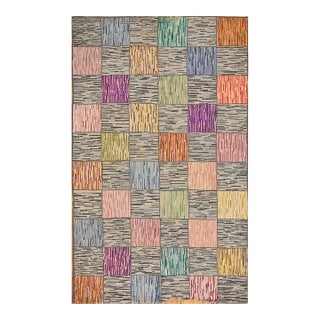 1930s Multicolor Checks Folk Art Antique American Hooked Rug 3' X 5' Handknotted Cotton Wool Carpet For Sale