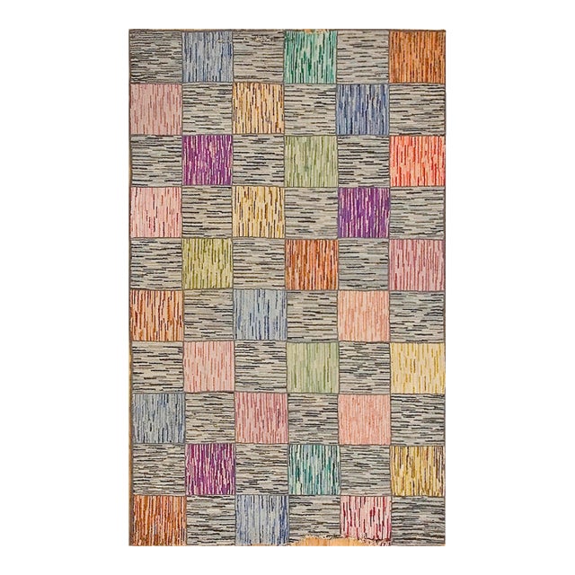 1930s Multicolor Checks Folk Art Antique American Hooked Rug 3' X 5' Handknotted Cotton Wool Carpet For Sale