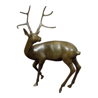 Late 20th Century French Bronze Stag Sculpture with Large Antlers and Brownish Green Color For Sale