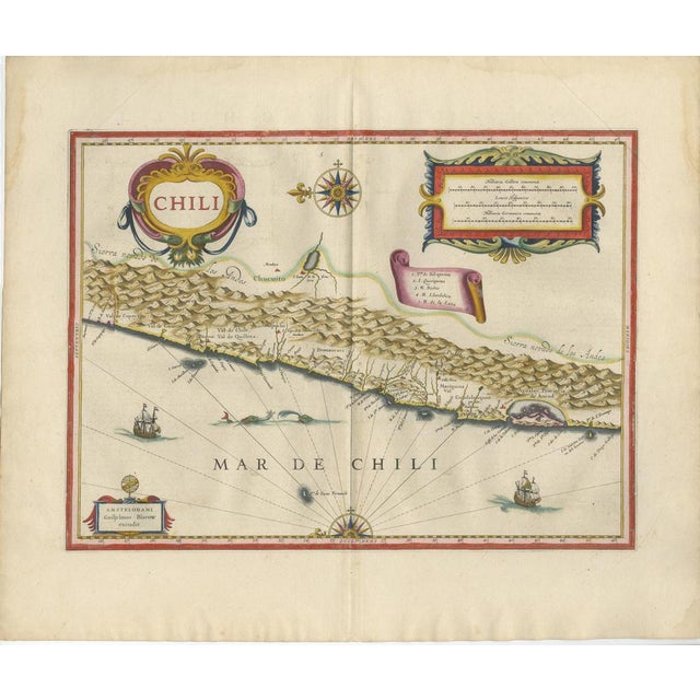 Antique Chile Map Blaeu c.1642 – Dramatic Andes & Pacific Panorama This refined and highly decorative map of Chile was...