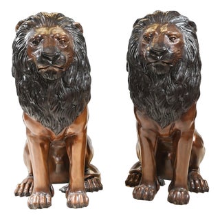 Large Cat Castings Bronze Lion Gatekeeper Statues, Set of 2 For Sale