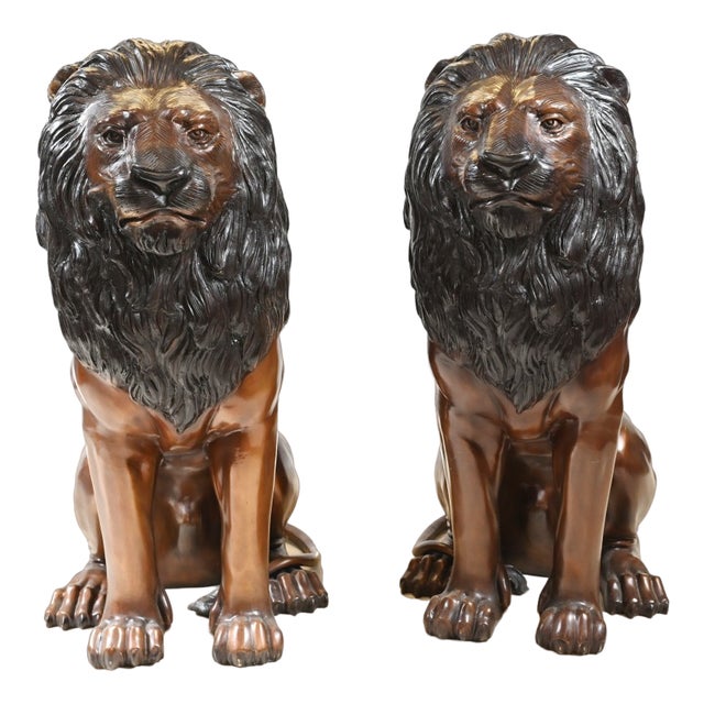 Large Cat Castings Bronze Lion Gatekeeper Statues, Set of 2 For Sale