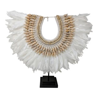Bohemian Tribal White and Natural Wood, Shell, and Feather Necklace Sculpture With Stand - Tribal and Boho For Sale