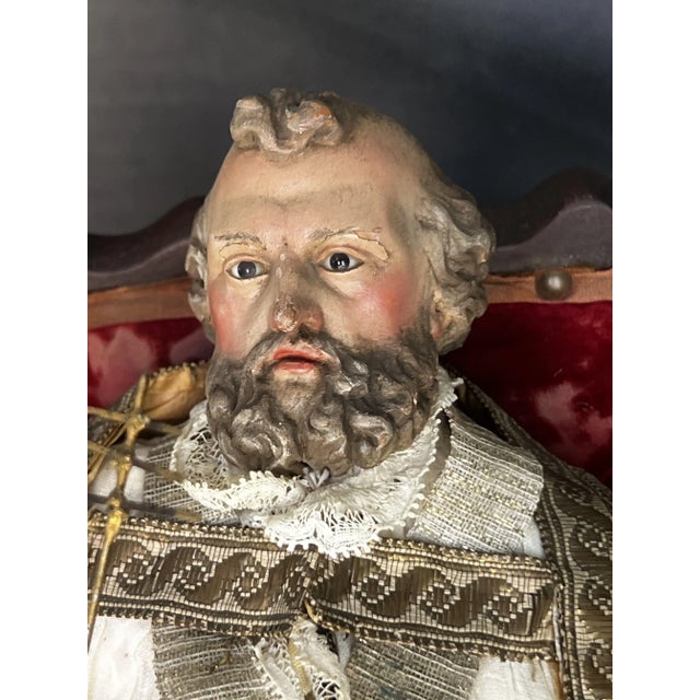 Spanish or italian school; 17th century. "saint peter as pope." carved and polychrome wood. textile. dimensions: 37 x 21 x...