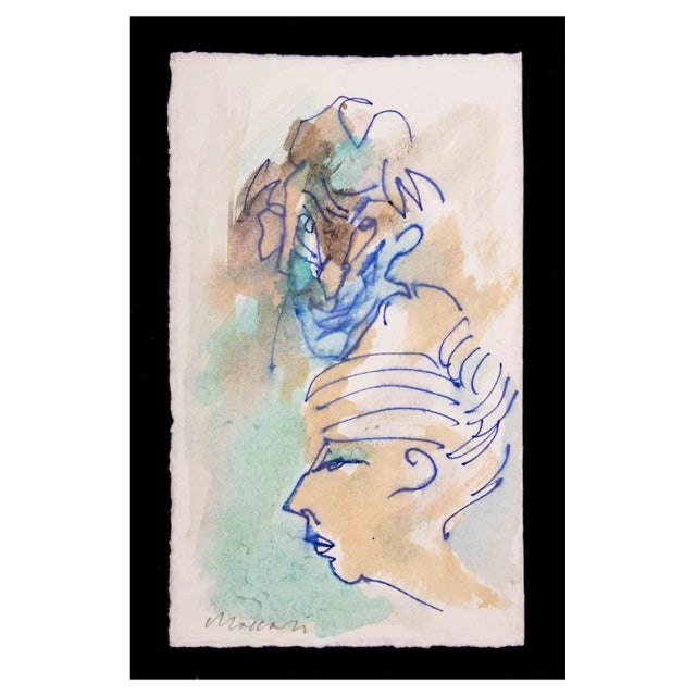 Mino Maccari, The Modern Couple, Watercolor, 1980s For Sale