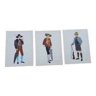 Vintage Austrian Male Folk Costumes Chromolithographs Porchoir Prints Collectible 1939 - Set of 3 For Sale