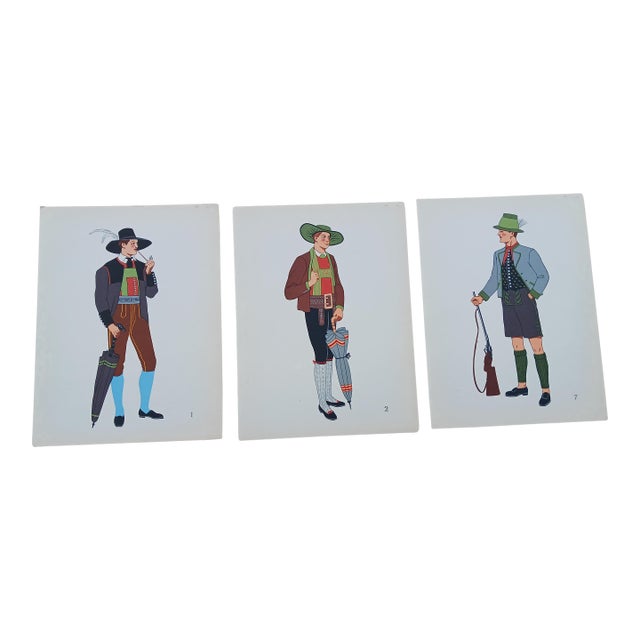 Vintage Austrian Male Folk Costumes Chromolithographs Porchoir Prints Collectible 1939 - Set of 3 For Sale