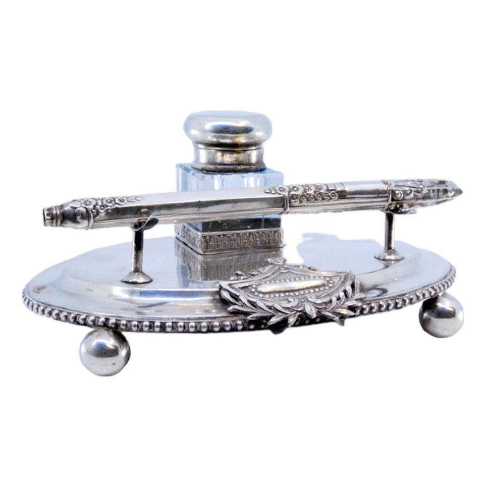 Silver and Glass Inkwell with Ball-Shaped Feet | Chairish
