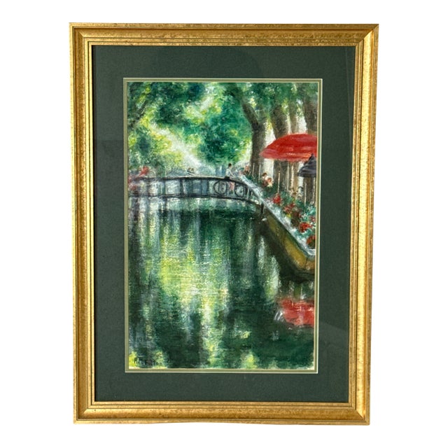 Framed Impressionist Bridge Scene by R. M. Fulton, 1986 For Sale