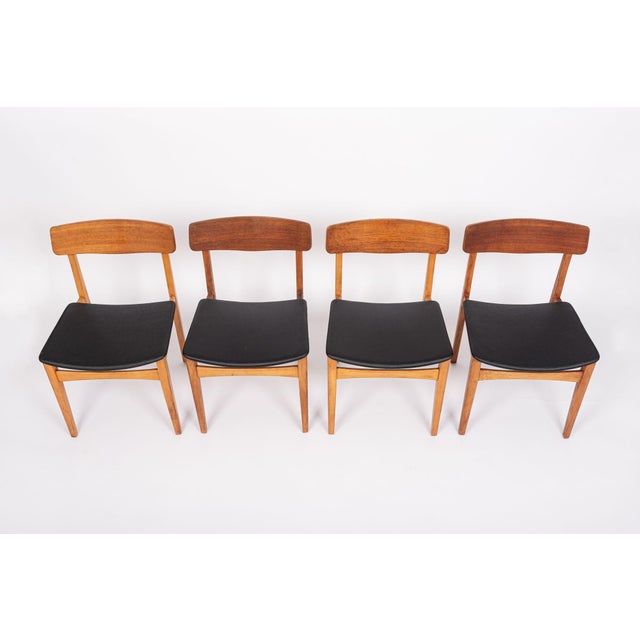 1960s Mid Century Danish Teak Wood & Black Vinyl Dining Chairs For Sale - Image 5 of 13