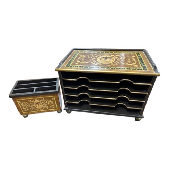 Vintage Lacquered Marquetry Executive Desk Organizer Set, 2 Pieces For Sale
