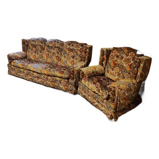 Vintage 1970s Hickory Lane Sofa + Chair Set – Groovy Retro Velour (Owosso Industries) For Sale