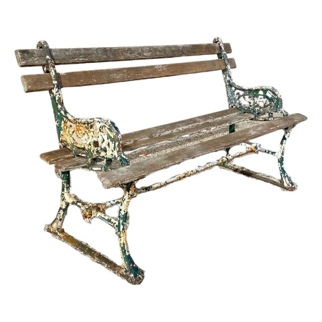 Antique English Victorian Cast Iron Wooden Slat Garden Seat Patio Park Bench For Sale