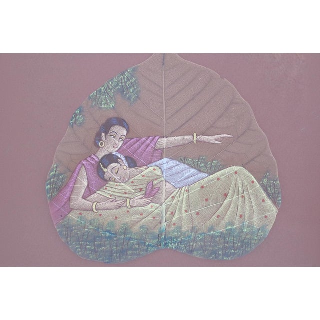 Indian Indian Hand Painted Peepal Fig Leaf Painting of Traditional Couple in Frame For Sale - Image 3 of 5