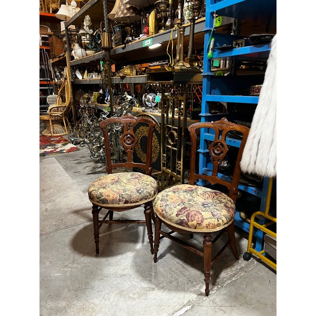 Antique Pair of Wooden Carved Accent Chairs With Central Medallion Detail For Sale - Image 4 of 12