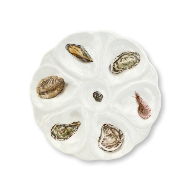 Vintage French Porcelain Oyster Set, 6 Plates & Platter For Sale - Image 4 of 7