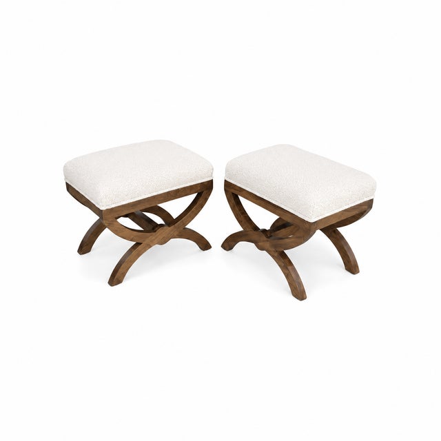 Mid-Century Modern Modern Mid-Century Style" Ottomans in White Boucle For Sale - Image 3 of 3