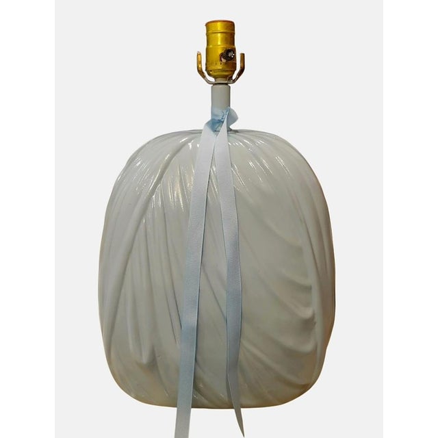 Vintage Custom Painted Styled John Dickinson Draped Plaster Pale Blue Table Lamp W/ Custom Ribbon Shade For Sale In West Palm - Image 6 of 10