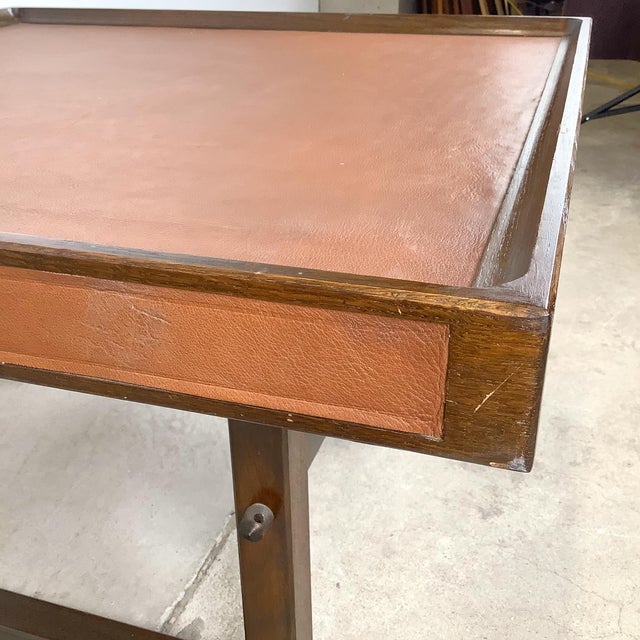 Vintage Studio-Made Square End Table With Cognac Leather Inset Top & Architectural Trestle Base, Mid-Century For Sale - Image 10 of 18