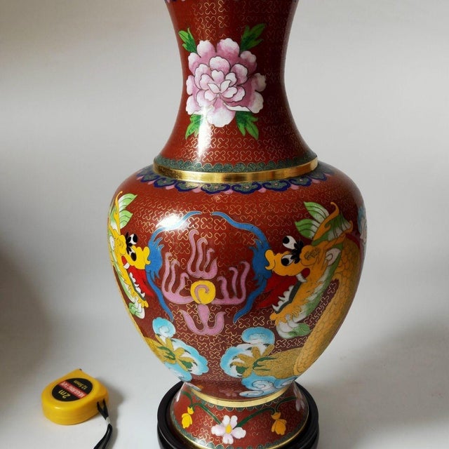 This is an impressive large vintage cloisonné enamel vase, featuring a dynamic "double dragon" motif. The vase features a...