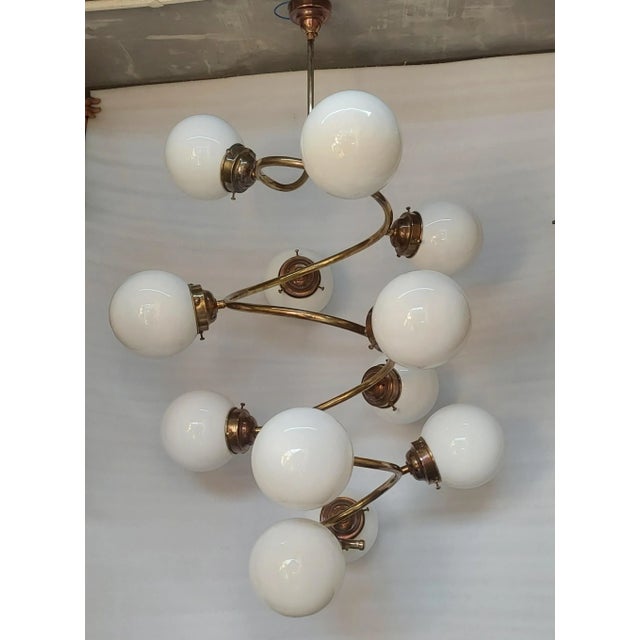 1940s Vintage 1940s Art Deco Ceiling Brass Hanging Chandelier 12 Light Milk Glass Shade Lamp For Sale - Image 5 of 5