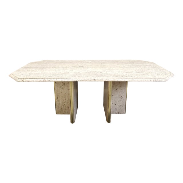 Vintage Italian Travertine and Brass Dining Table, 1970s For Sale