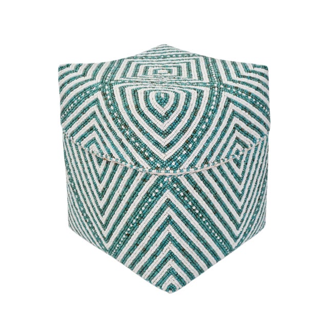 Vintage Turquoise & White Beaded Bamboo Box Large For Sale