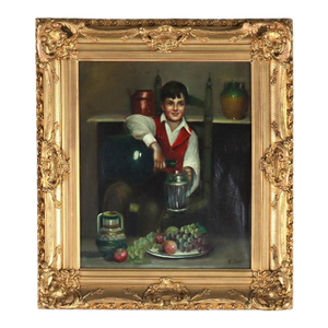 Antique Oil on Canvas Genre Painting of a Boy Serving Wine M. Rossi C1890