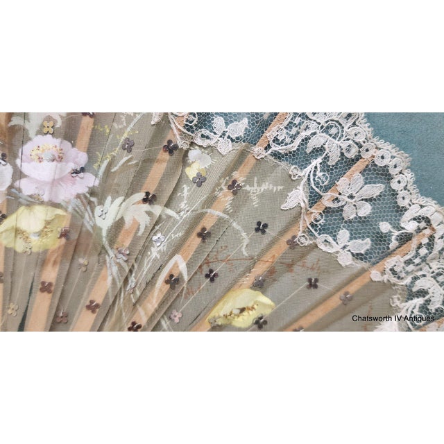 Shadow Box Framed Antique Victorian Lace & Silk Floral Painted Ladies Hand Fan For Sale In New York - Image 6 of 12
