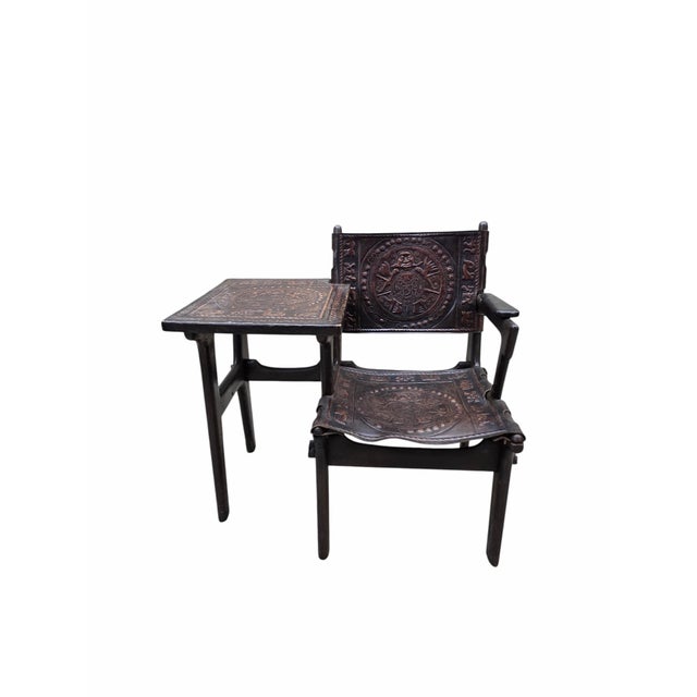 Vintage Rustic Tooled Leather Primitive Gossip Chair by Angel Pazmino For Sale In Chicago - Image 6 of 7