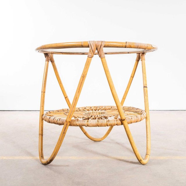 Small Round Rattan Table with Glass Top, 1950s For Sale - Image 6 of 9