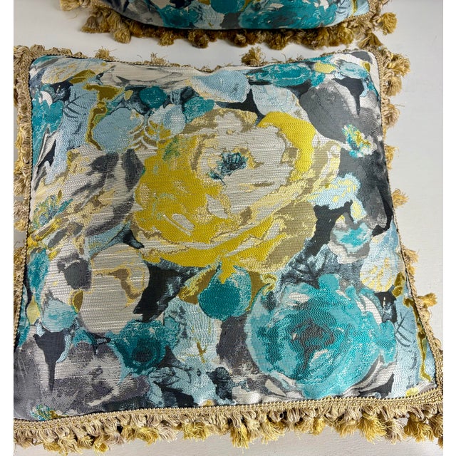 This is a pair of vintage Robert Allen tasseled silk pillows. This vibrant silk has a beautiful abstract, floral pattern...