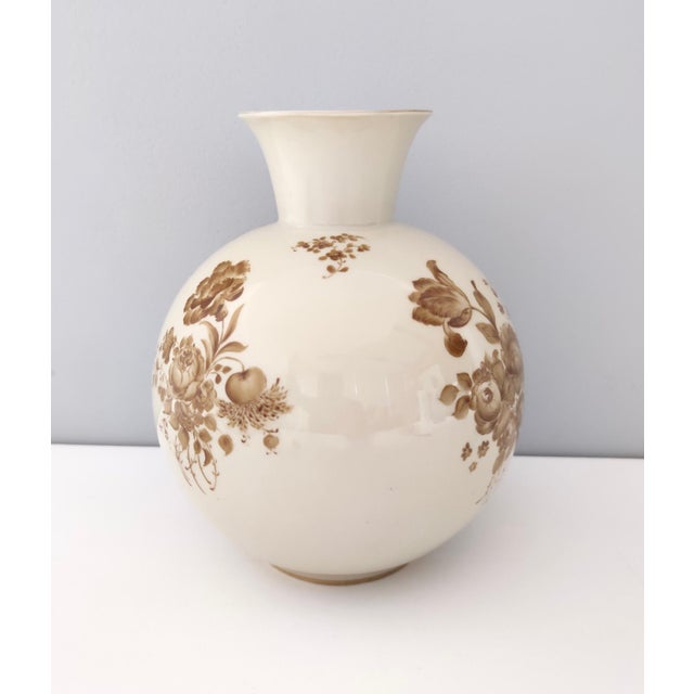 Ceramic Ivory Ceramic Vase with Brown Floral Details from Rosenthal, Italy, 1943 For Sale - Image 7 of 17
