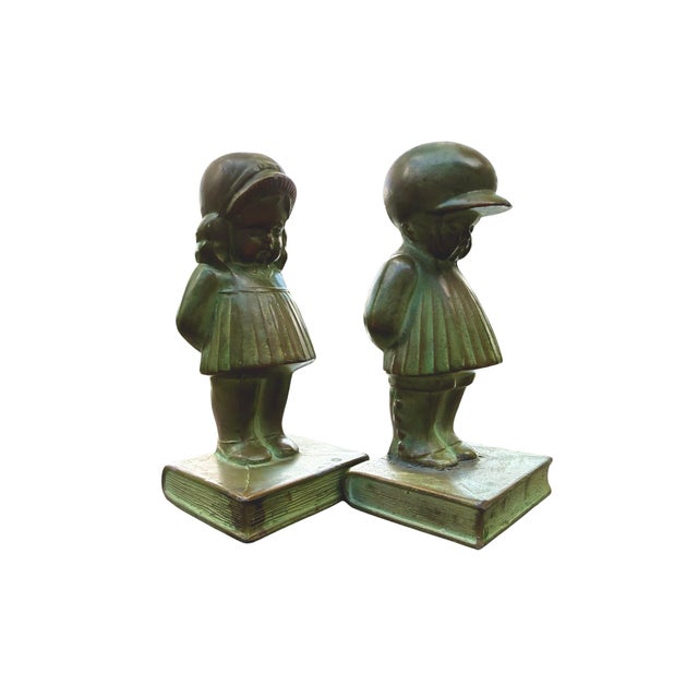 Metal Antique Bronze-Clad Boy & Girl Figural Bookends, Verdigris Patina, C. 1920s, Sold as a Pair For Sale - Image 7 of 10