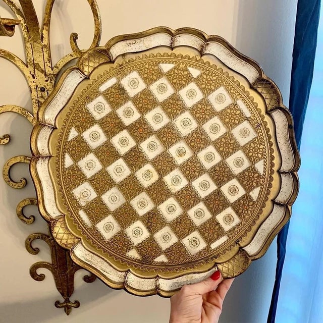Stunning Vintage Florentine tray, made in Italy. Large size 15.5”. Wood painted with gold gilding. Cross hatch pattern on...