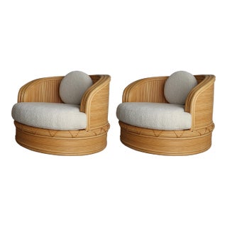 Pair of Curved Pencil Reed Bamboo Barrel Chairs For Sale
