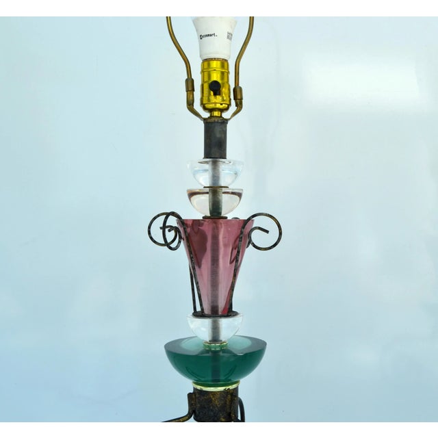 Kelly Green Set, Van Teal Green & Pink Lucite Table Lamps Gold Shades Mid-Century Modern 70 For Sale - Image 8 of 13