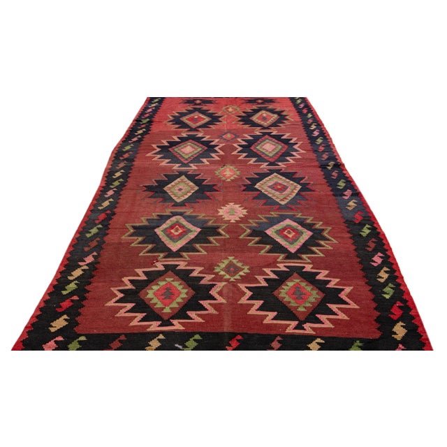 Tribal Mid-20th Century Turkish Kilim Red Handmade Tribal Wool Rug For Sale - Image 3 of 9
