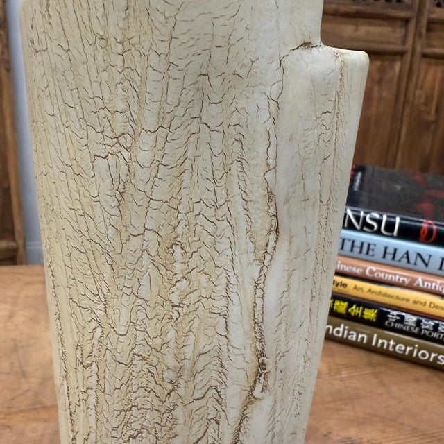 Ivory Textured Cylinder Cream & Ochre Prem Vase with Bark Design For Sale - Image 8 of 10