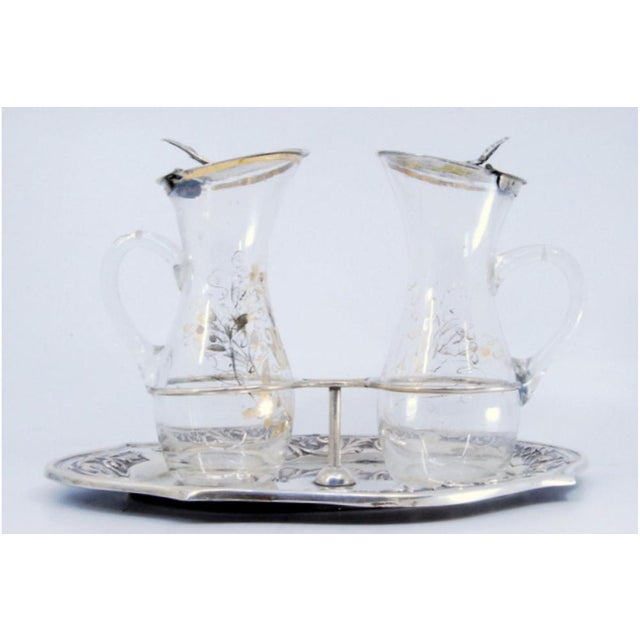 Glass Water and Wine Altar Cruets with Gilt Flowers and Silver Lids, Set of 3 For Sale - Image 10 of 11