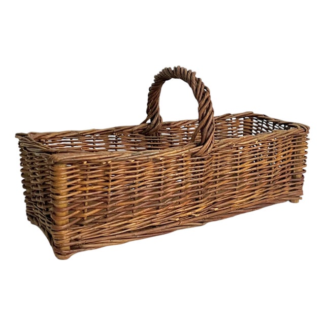 Vintage French Wicker Gathering Basket With Twisted Handle Rustic For Sale
