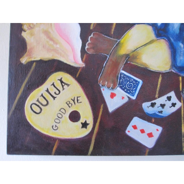 Early 21st Century Bedtime Story by Zoa Ace | Oil on canvas Cat reading a book by a window with stars and a Ouija board. For Sale - Image 5 of 5