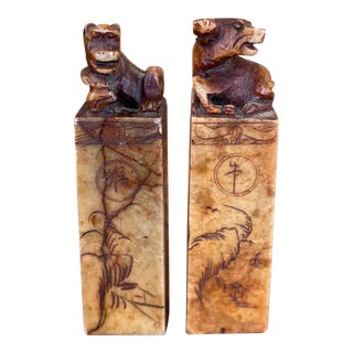Pair of Hand-Carved Chinese Soapstone Zodiac Seals - Monkey and Ox With Landscape Engravings. For Sale