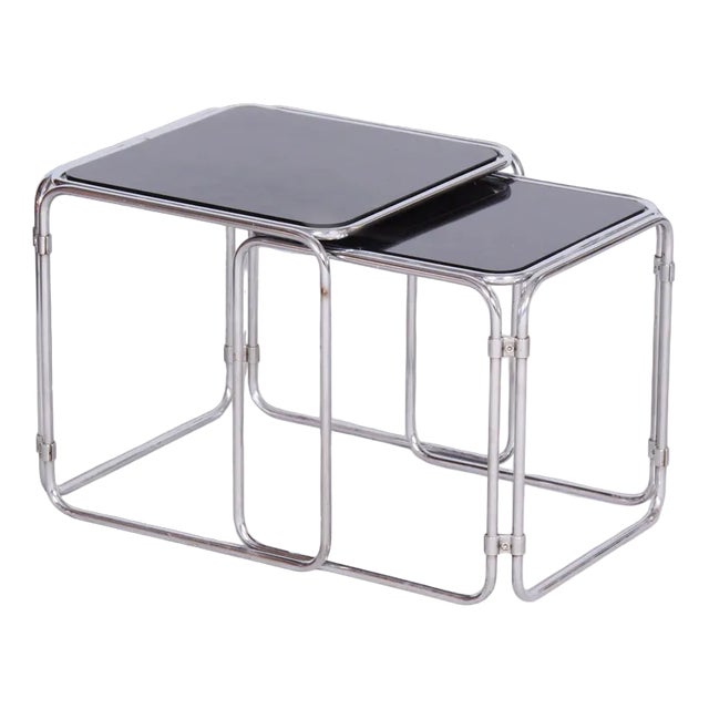 Mid-Century Nesting Tables in Chrome-Plated Steel & Glass, Czechia, 1960s, Set of 2 For Sale