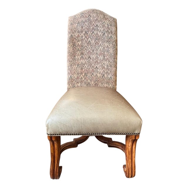 Vintage Chairish Title French Provincial Carved Wood & Leather High-Back Side Chair For Sale