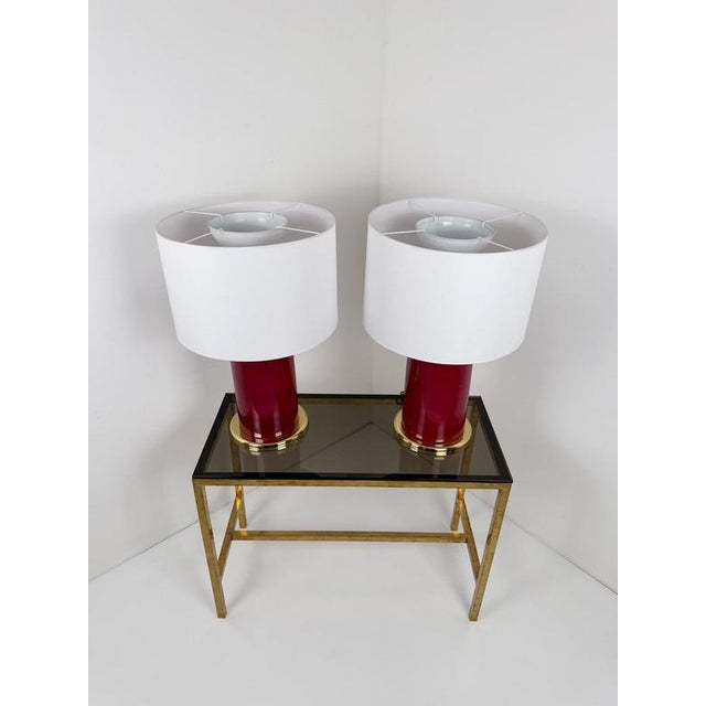 Italian Ruby Red Glazed Ceramic and Brass Twin Table Lamps, 1970s, Set of 2 For Sale - Image 13 of 18