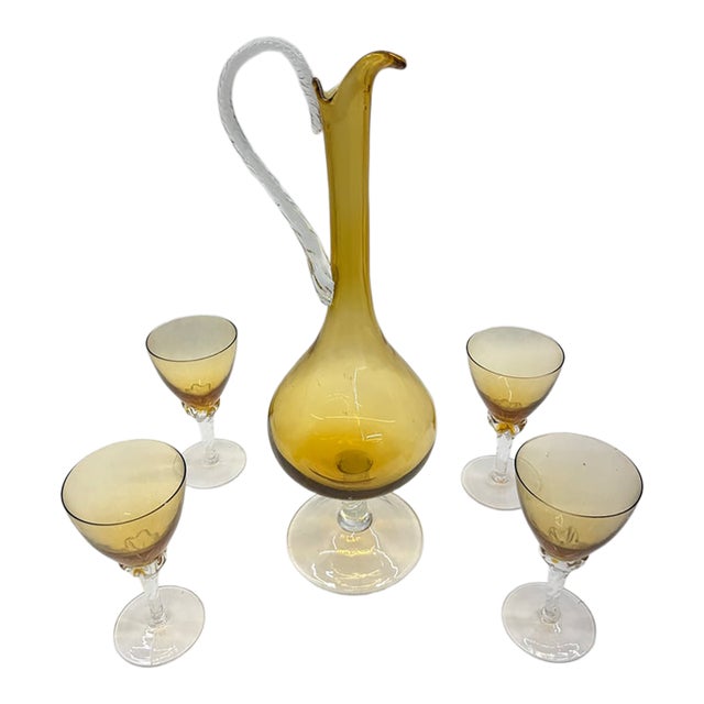 Mid-Century Italian Style Amber Art Glass Pitcher Decanter & Cordial Glass Set - 5 Pieces For Sale